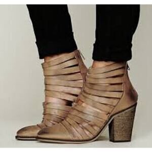 Free People Hybrid Women Metallic Leather Strappy Heel Ankle Boot Back Zip SZ 40